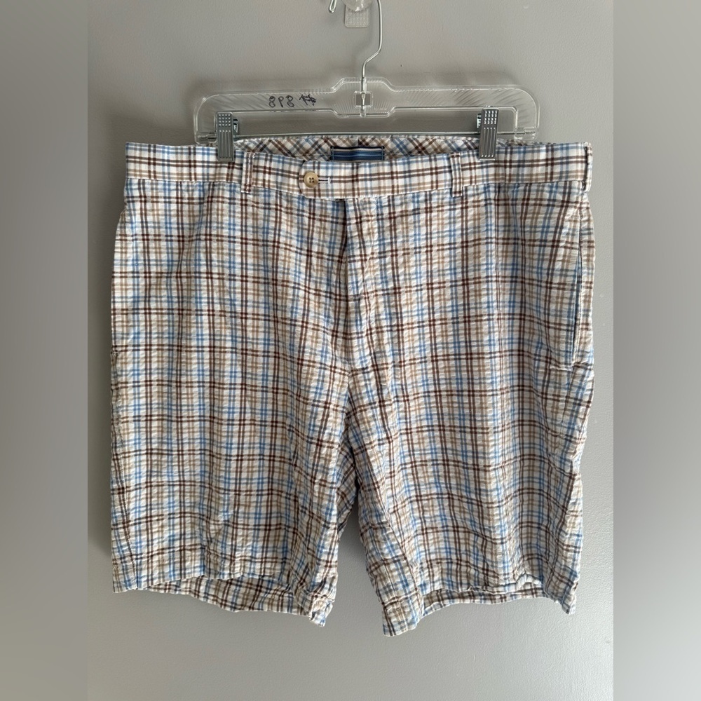 Peter Millar Men’s Crown Sport Seersucker Plaid SZ 38 Brown Blue Preppy Casual